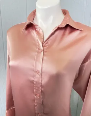 H&M Satin Button-Down Shirt in Blush thumbnail 1