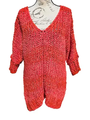Free People Chunky‎ Knit Tunic Sweater Orange Red Marled V-Neck Oversized Small thumbnail 1