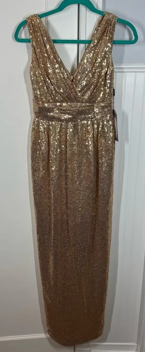 NWT Renz Ragz Bridal Metallic Sequin Gold Wrap Neckline Maxi Gown‎ Size 4 formal thumbnail 1