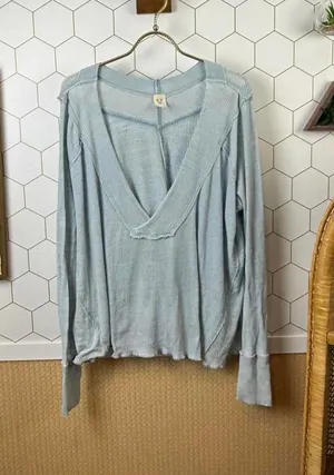 We the Free Light Blue Plunging V-Neck Long Sleeve Top - Size - Small thumbnail 1