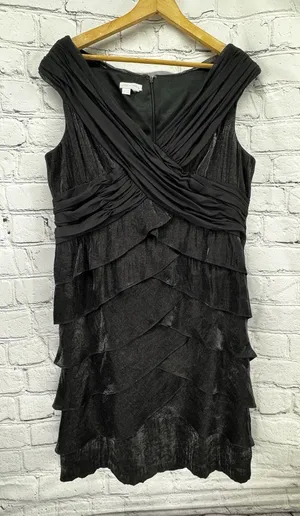 London Times Dress Size ?? Black Tiered Ruffle Sheath Cocktail Empire Waist thumbnail 1