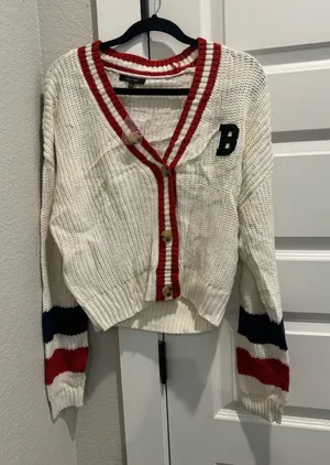 white/red striped cardigan with navy blue accents thumbnail 1