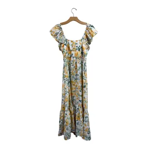 Rachel Zoe Yellow Floral Ruffle Midi Dress Smocked Waist Pockets Womens‎ Size M thumbnail 3