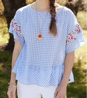 Matilda Jane Blue Gingham Ruffle Top Floral Trim Short Sleeve Womens Size S thumbnail 1