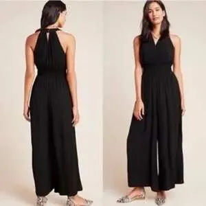 Anthropologie‎ Womens Black Bionda Plisse Jumpsuit Size S Smocked Waist Event thumbnail 2