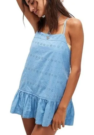 Free People All Caught Up Tunic Baby Blue Eyelet Sweet Open Back Shirt‎ XS New thumbnail 1