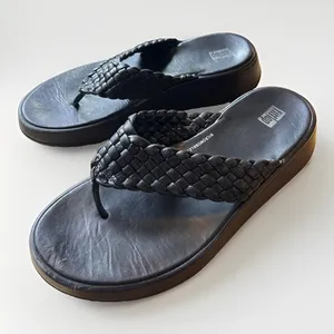 FitFlop Lulu Woven Black Leather Microwobbleboard Platform Thong Sandals W 9 thumbnail 2