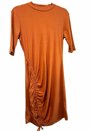 Heart & Hips Rust Orange Brown Ribbed Bodycon Shirt Dress Ruched Short Sleeve L thumbnail 1