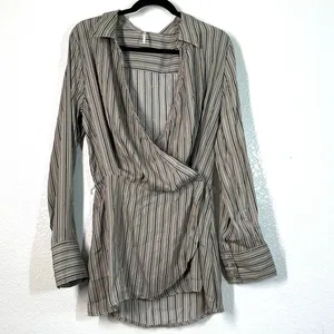 L Free People Wrap Top Arlo Wrap Satin Blouse office wear corporate Long Sleeve thumbnail 2