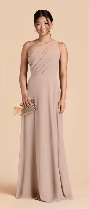 Birdy Grey Kira Chiffon Taupe Convertible One Shoulder Maxi‎ Dress Size Medium thumbnail 1