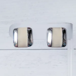 Vintage Stud Earrings Silver Tone & Cream Enamel Square thumbnail 4