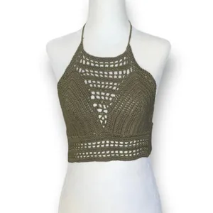 Charlotte Russe Crochet Knit Halter Olive Green Open Back Festival Crop Top‎ Small Forrest Fairy thumbnail 2