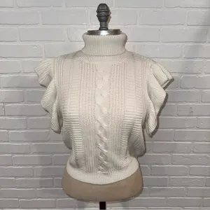 Elegant Off-White/Ivory Cable Knit Ruffle Sleeve Turtleneck Sweater thumbnail 4
