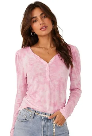 LoveShackFancy Toddy Henley Pure Pink Tie Dye Sheer Long Sleeve Top XS thumbnail 1