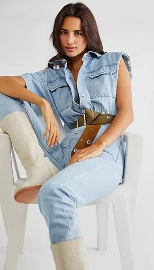 Free People We The Free Marci Coverall Clear Skies Cotton Denim Button Jumpsuit thumbnail 1