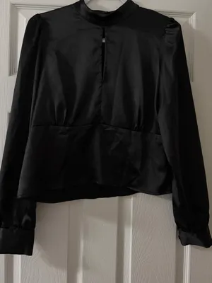 Black Satin Peplum Blouse Mock Neck Keyhole Puff Sleeve Top Office L InTempo thumbnail 1