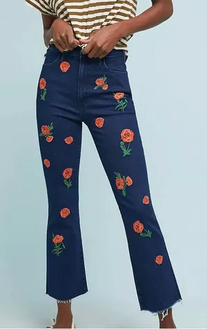 MOTHER The Hustler High-Rise Frayed Ankle Jeans Sz 27 Floral Poppies Embroidered thumbnail 1