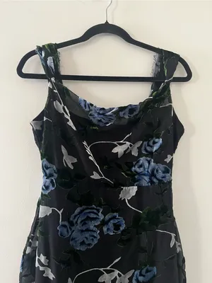 Lulus Black Blue Floral Velvet Burnout Midi Dress Small Romantic Wedding Guest thumbnail 2