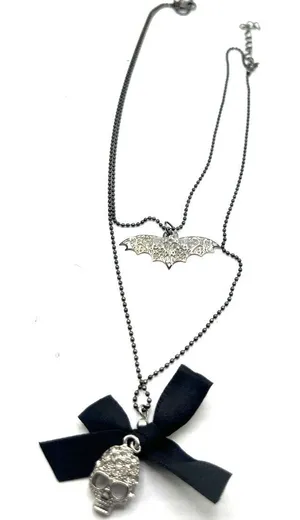 gothic layered necklace bat pendant rhinestone skull charm black bow Halloween thumbnail 1