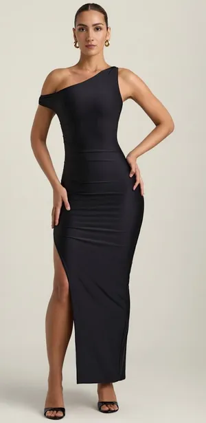 Oh Polly Akeeva Ruched Asymmetric One-Shoulder Maxi Dress NWT | Sz‎ 6 | Black thumbnail 1