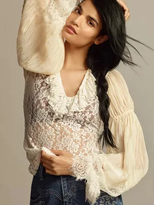 Anthropologie Wide-Sleeve Sheer Lace Top thumbnail 1