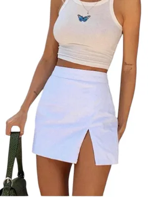 LIONESS White High-Waist Denim Mini Skirt with Front Slit thumbnail 1