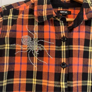 Krazy Kat Women's M Halloween Fall Spider Orange Black Plaid 100% Cotton Shirt thumbnail 2