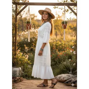 Boho White Lace Maxi Dress Button Front Large Size M thumbnail 2