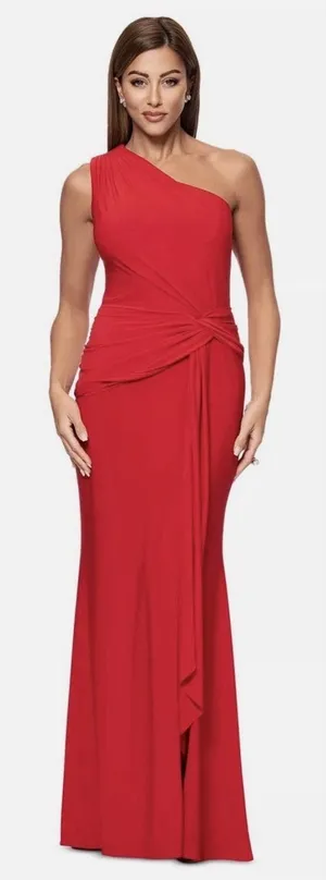 Xscape Red One-Shoulder Twist Jersey Cascading Evening Gown Size 16W $208 thumbnail 1