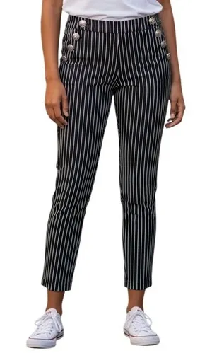 LOFT The Riviera Slim Pants Women 12P‎ Navy White Stripe Nautical Anchor Button thumbnail 1