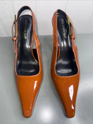 Ding Xiang Pointed Patent Slingback Heels in Cognac by thumbnail 3