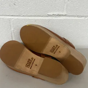 Sz10 Andre assoue brown tan slip on heeled Sofi clog wooden leather chunky amber thumbnail 6