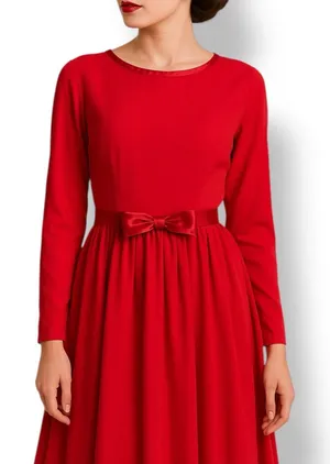 Vintage Nina Piccalino Cherry Red Dress Satin‎ Bow Detail Scoopneck Long Sleeve thumbnail 1