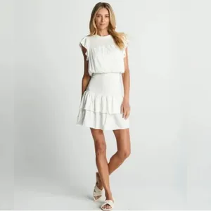 Anthropologie Sundays White Smocked Mini Dress Cotton Ruffle Sleeve - Size M thumbnail 9