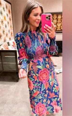 Farm Rio Macaw Bloom Floral Smocked Mock Neck Juliet Dress S thumbnail 1