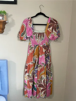 Vibrant Tropical Abstract Print Puff Sleeve Tiered Dress Square Neck Size XS thumbnail 10