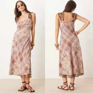 Free People Femme Grunge 90s Y2K Morning Dew Plaid Floral Midi Slip Dress XL thumbnail 9