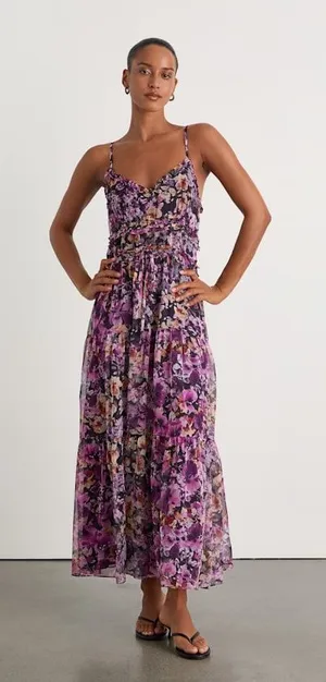 NWT Lulus Dayah Purple Floral Ruffled Tiered Midi Dress thumbnail 1