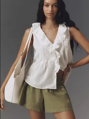 Anthropologie Sleeveless Pintuck Ruffle V-Neck Blouse Feminine Cotton Top Size L thumbnail 1