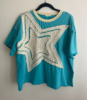 Boutique J. Her Oversized Teal Star Patchwork Short Sleeve Tee Size Small thumbnail 1