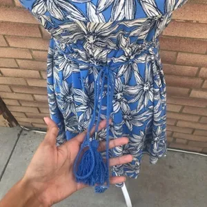 Charlotte Russe Dress XS Blue Floral Off Shoulder‎ Handkerchief Hem Tassel Belt thumbnail 9