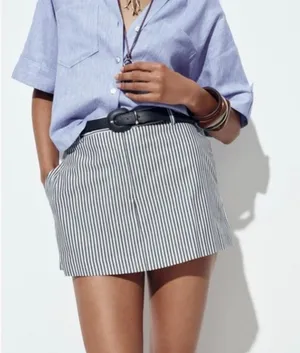 Zara Belted Navy Striped Mini Skort thumbnail 1