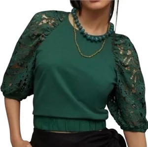 Like New Anthropologie Dolan Lace Puff Sleeve Sweatshirt Top Green Size Small thumbnail 1