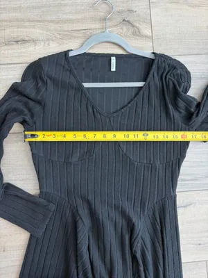 Halara V Neck Ribbed Long Sleeve Flare Midi Casual Pockets Dress Black M NWT thumbnail 7