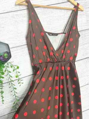 ZARA Brown & Red Polka Dot Sleeveless Midi Slinky Satin Slip Dress Size Small thumbnail 6