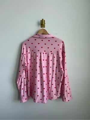 Pink Red Heart Print Matching Pajama Set Button Down Wide Leg Pants Size Medium thumbnail 8