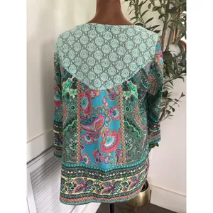 Figueroa & Flower Blue Green Paisley Lace Crochet Bell Sleeve Top 1X thumbnail 2