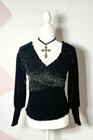 Black Velvet Babydoll Top Medium Smocked Puff Sleeve Whimsigoth Goth thumbnail 1