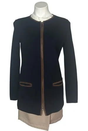 LAUREN RALPH LAUREN Black Cotton Knit Jacket Brown Faux Suede Trim Size Medium thumbnail 1
