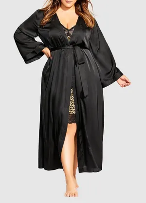 Fox & Royal City Chic Long Black Satin Robe Classic Minimalist Plus Size 18 M thumbnail 1